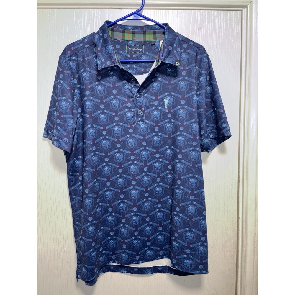 William Murray‎ Polo Shirt Mens Medium Blue Golf Drinks All Over Print Stretch